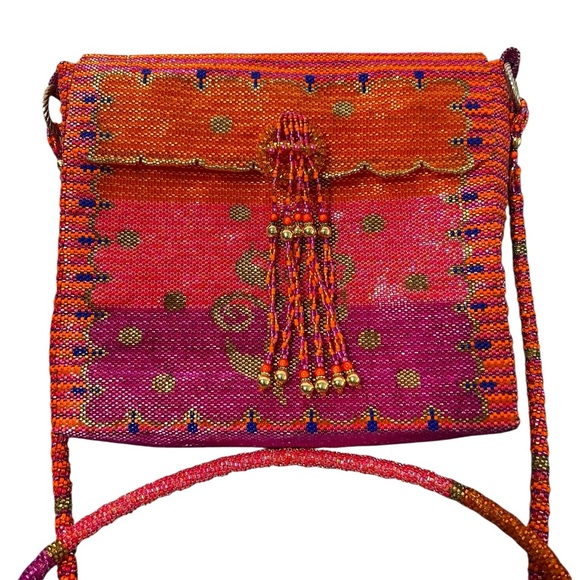 Vintage Boho Colorful Beaded Fringe Evening Cocktail Bag Flap Crossbody - Picture 3 of 7